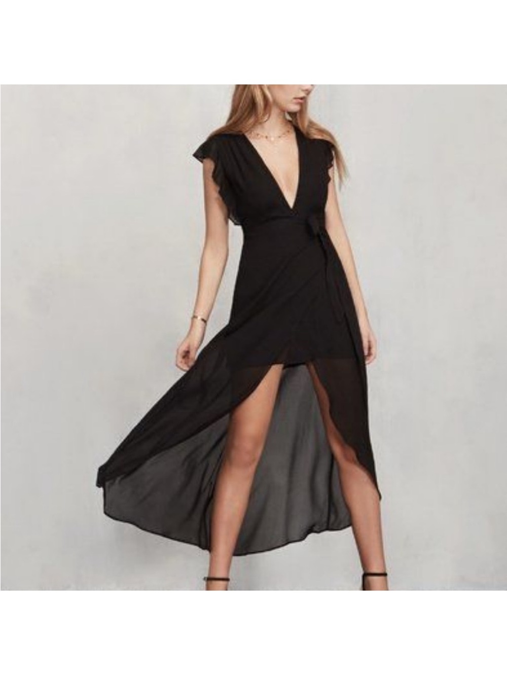 Reformation Charlene Black V-Neck Wrap Maxi Dress M